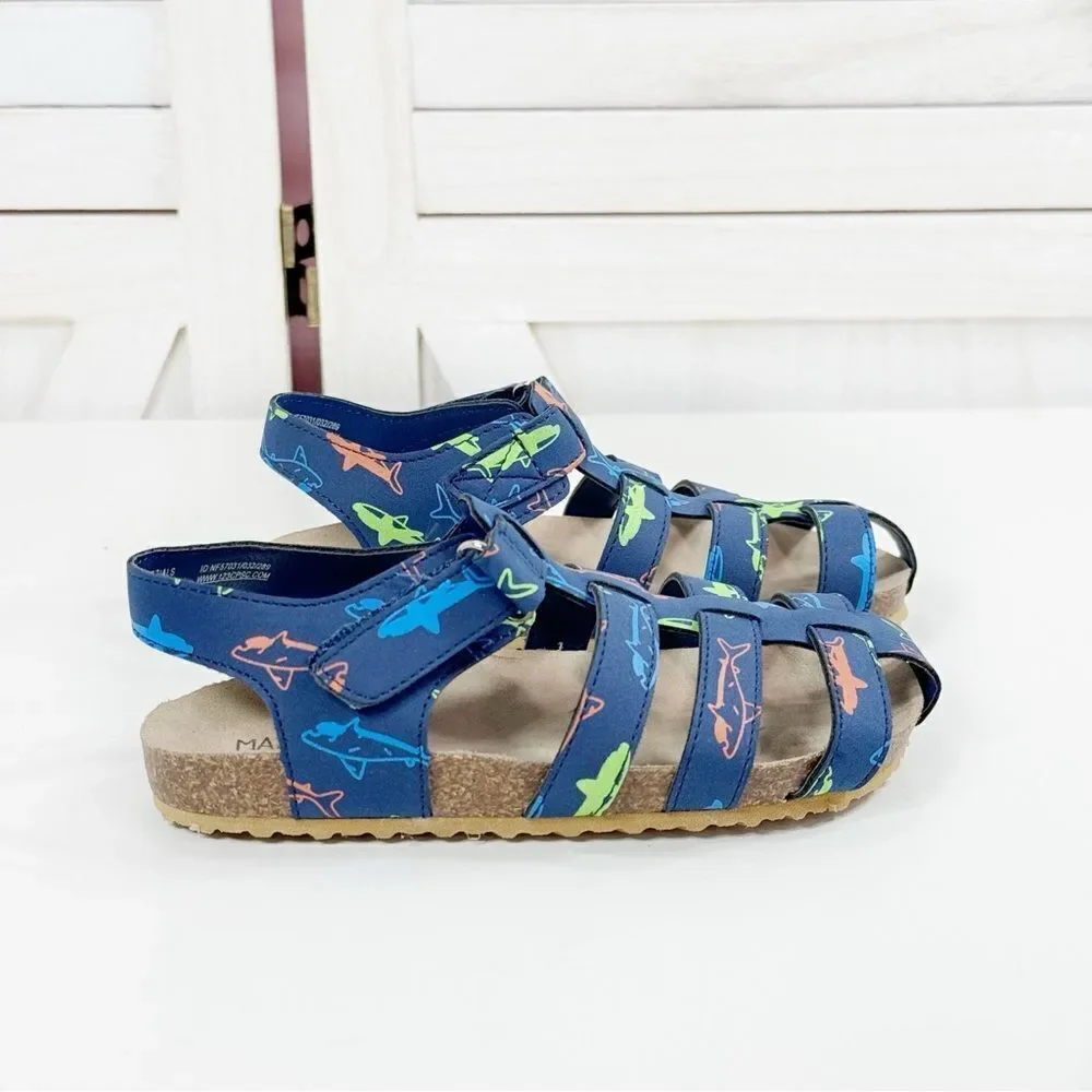 Max + Jake Finn Sharks Strappy Closed Toe Fisherman Sandals Blue Multi Toddler 9